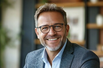 Happy middle aged professional business man, smiling mature executive ceo manager, 45 years old male entrepreneur, confident business owner wearing glasses in office. Headshot portrait 