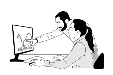 Business couple, man and woman sitting at the desk looking at computer display with stock or cryptocurrency trading analytic charts. Simple outline hand drawn illustration on transparent background.