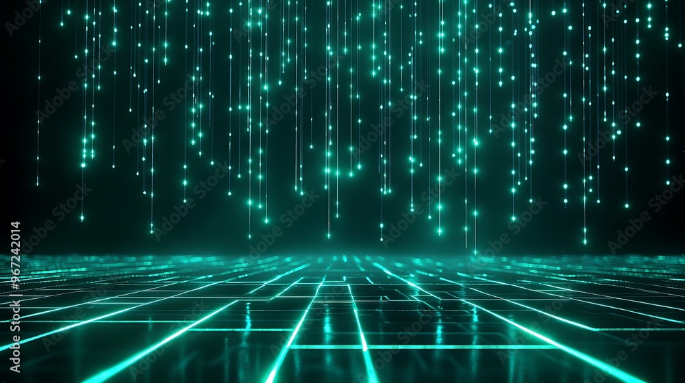 Poster a mesmerizing digital background with glowing lines and particles, perfect for technology and futuri