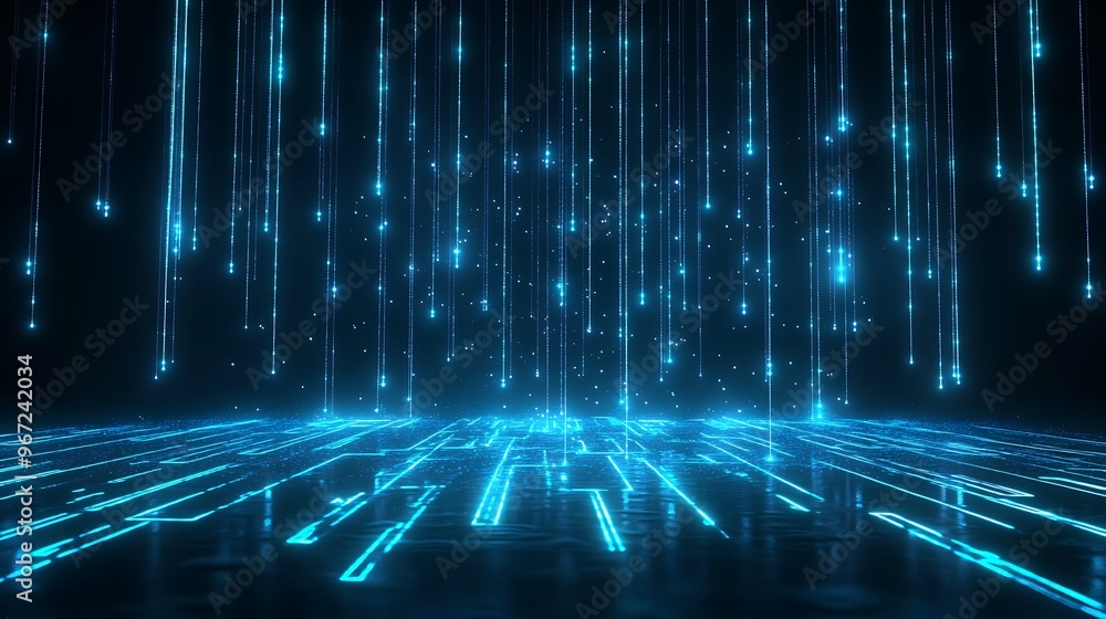 Poster a mesmerizing digital landscape featuring glowing blue lines and binary patterns, perfect for techno