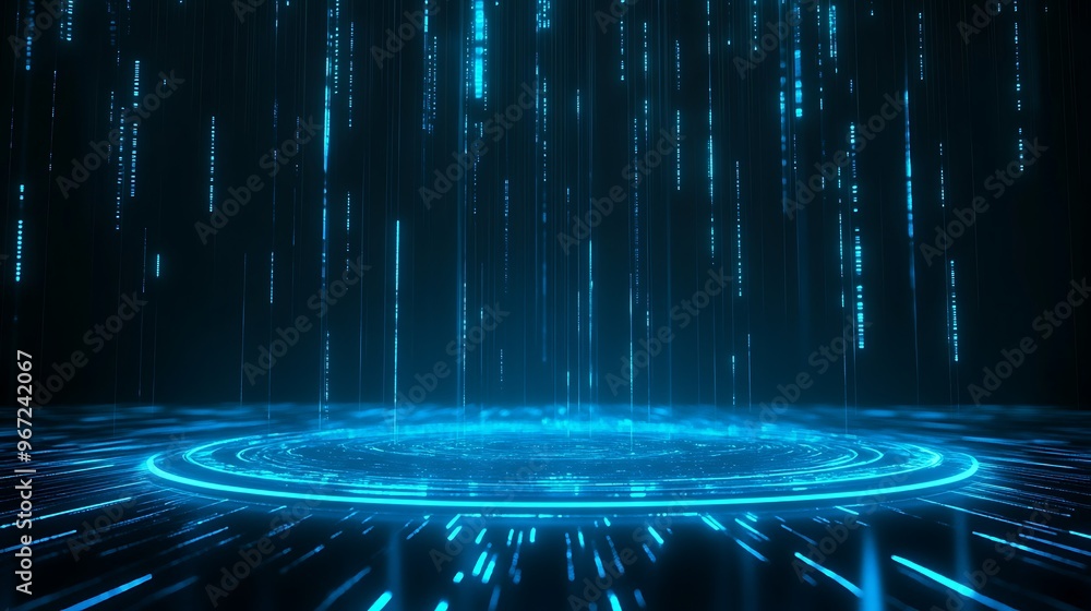 Poster a mesmerizing digital landscape featuring glowing blue lines and circular patterns set against a dar