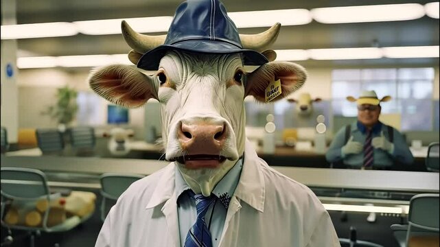 Cow dressed in formal business attire, wearing a hat, in an office setting with a humorous expression


