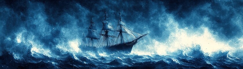 Obraz premium Ghost ship, sailing through a stormy night, spectral glow, Watercolor style