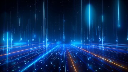 A mesmerizing digital landscape featuring vibrant blue lights and dynamic lines in a dark atmosphere, perfect for tech themes. Stage for product presentation.