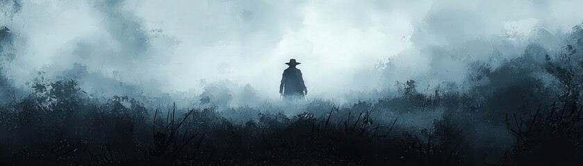 Obraz premium Ghostly pirate captain, lost in a maze of fog, eerie night, Watercolor style