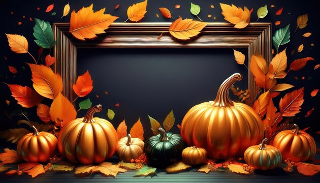 composizione autunnale con zucche e foglie di varie dimensioni e colori, disposte davanti a una cornice rettangolare scura adornata con foglie autunnali nei toni dell&rsquo;arancione, giallo e marrone