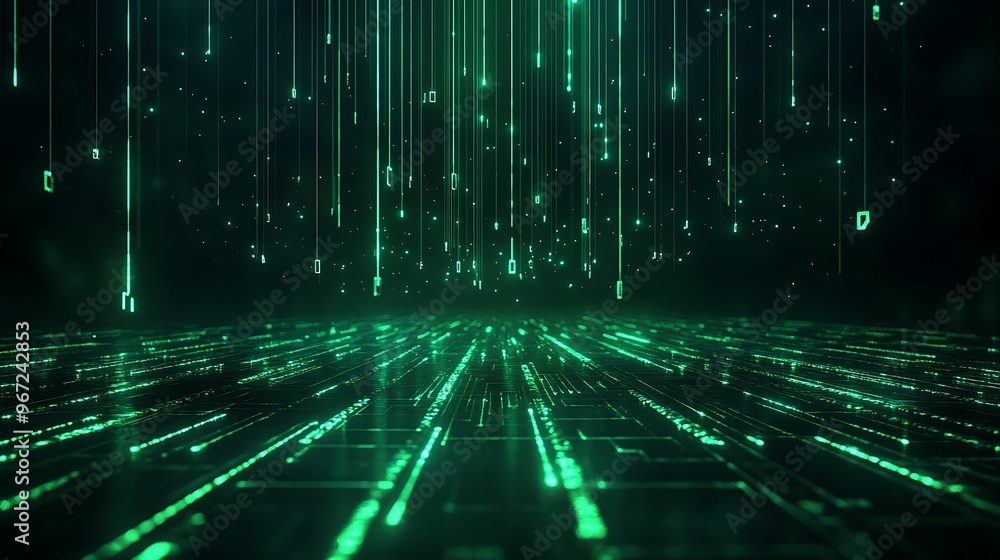 Poster a mesmerizing green digital landscape filled with cascading data streams, perfect for technology and