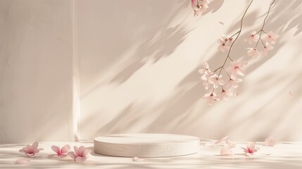 Minimalist display platform with soft pink cherry blossoms and shadows.