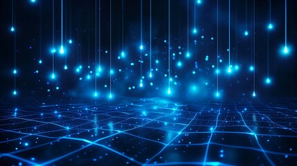 Obraz premium A mesmerizing view of glowing blue lights cascading over a digital grid, creating a futuristic atmosphere. Stage for product presentation.