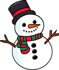 Cute snowman with a hat and woolen scarf isolated on transparent background