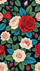 Seamless floral pattern with red and white roses on a dark background.