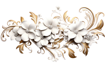 Ornate 3D floral motif with layered flowers and intricate leaves forming a continuous, isolated on white background