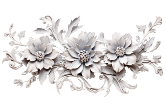 Ornate 3D floral motif with layered flowers and intricate leaves forming a continuous, isolated on white background