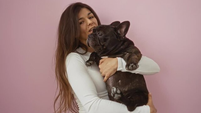 A young woman kissing and holding a french bulldog against a pink background, showcasing a loving bond between a pet and its owner.