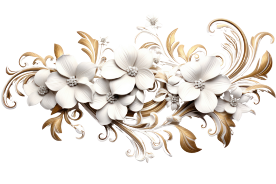 Ornate 3D floral motif with layered flowers and intricate leaves forming a continuous, isolated on white background