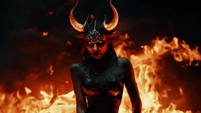witch Portrait of a woman with dark makeup and black horns, creating a mysterious and otherworldly appearance, perfect for Halloween or fantasy