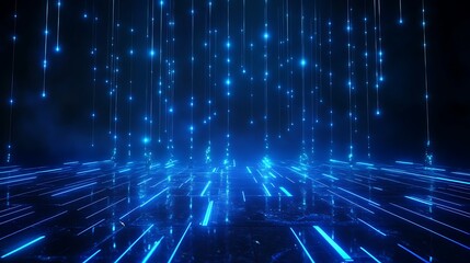 Obraz premium A stunning digital background featuring vibrant blue light rays cascading and creating a dynamic atmosphere of technology. Stage for product presentation.
