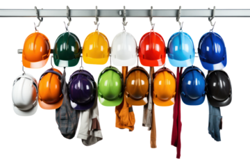 Multiple safety helmets in different colors hanging on a rack at a busy construction site, isolated on white background