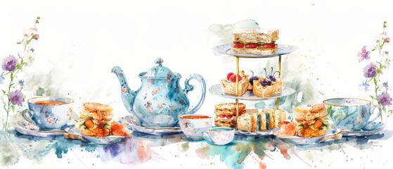 A beautiful watercolor illustration of a tea set accompanied by delightful pastries and floral accents, perfect for tea lovers.
