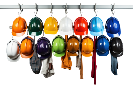 Multiple safety helmets in different colors hanging on a rack at a busy construction site, isolated on white background