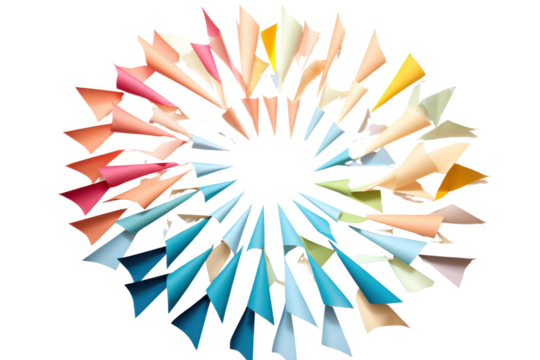 Multiple paper airplanes of different sizes and colors arranged in a spiral pattern isolated on white background