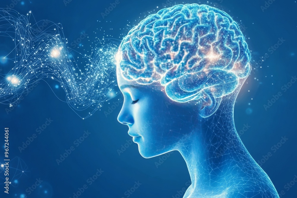Poster neural transmission neural patterns mental clarity brain mapping and mental space female silhouette 