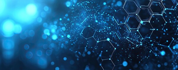 Blue background with a hexagonal shape and a technology, data connection or communication structure. A futuristic, high-tech digital network.