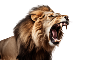 Majestic lion with a flowing mane standing proudly on a savanna landscape isolated on white background