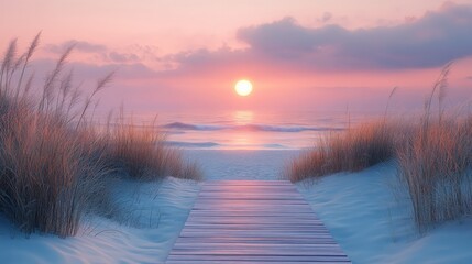 A wooden platform through sand dunes leading to the ocean shore with a pink morning sky. A wooden walkway leads to the beach with views of the ocean in the background. seascape
