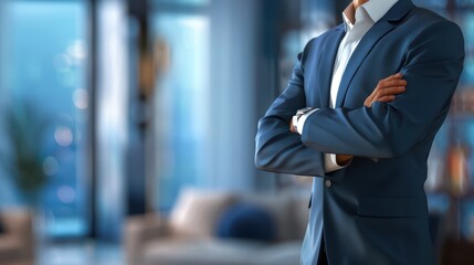 A confident businessman in a suit stands with arms crossed, exuding professionalism in a modern office setting.