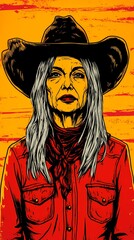 background image of a cowboy woman, western illustration style, western.  