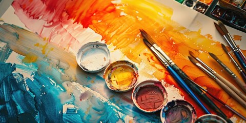 Top view of watercolor paper painting