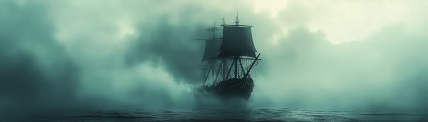 Fototapeta premium Ghostly pirate ship, emerging from the depths, eerie fog, Watercolor style