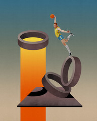 Basketball Dunk Loop. Male basketball player jumping toward abstract hoop formed from rings....