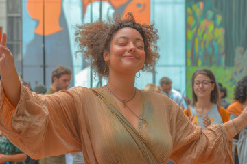Fototapeta premium Joyful woman dancing at outdoor art festival