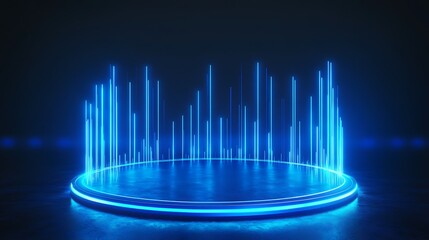 A vibrant blue light display showcasing digital sound waves and a futuristic podium in a dark setting. Stage for product presentation.