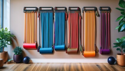 A colorful set of resistance bands hanging neatly on a wall in a home workout area, ready for use in strength training and flexibility exercises.