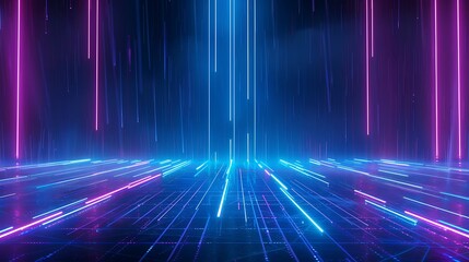 A vibrant digital backdrop featuring neon lines in blue and pink, creating a futuristic and energetic atmosphere. Stage for product presentation.