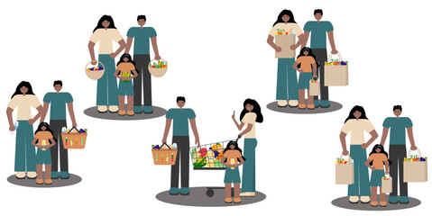 Illustration set in flat featuring black family with father, mother, and daughter holding baskets, bags and shopping cart full of groceries. Ideal for shopping-related promotions.