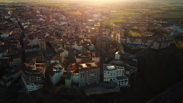 Aerial view of Haro town at sunset in La Rioja, Spain. High quality 4k footage