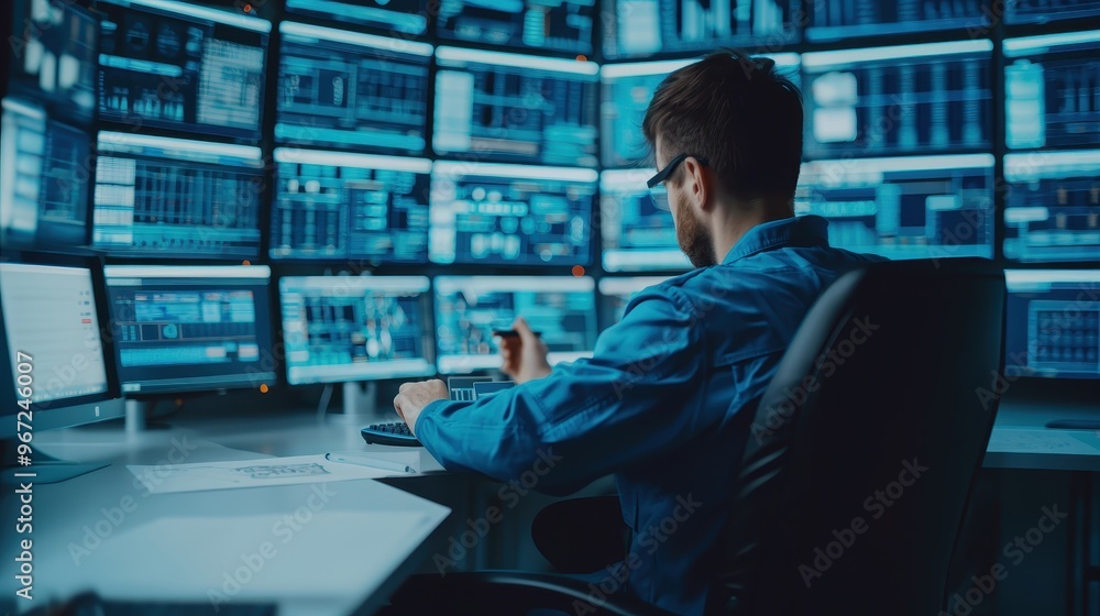 Poster a professional engineer in a blue uniform works at a desk surrounded by multiple computer screens in