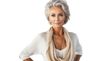 Portrait of a beautiful pleased woman in her 50s on transparent background PNG.