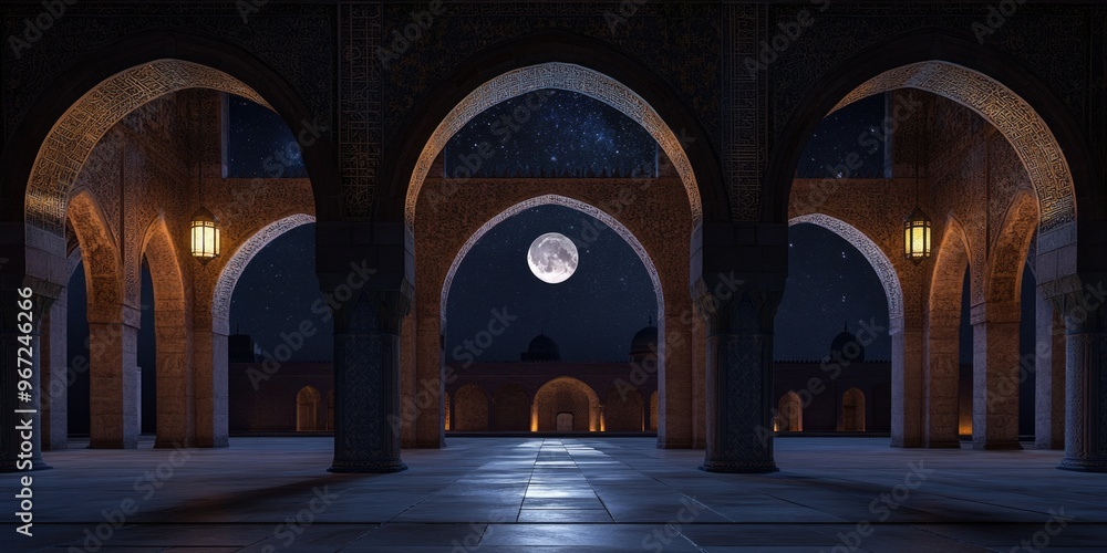 Aufkleber a moon is in the sky above a large, empty building. the building is surrounded by arches and pillars