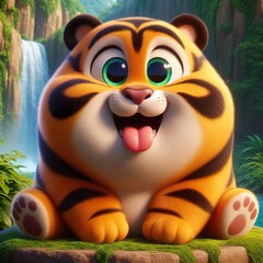A 3D cute, chubby tiger, smiling with its tongue out, set against a background of a green jungle and a waterfall. The character has a large, round body shape, with big eyes