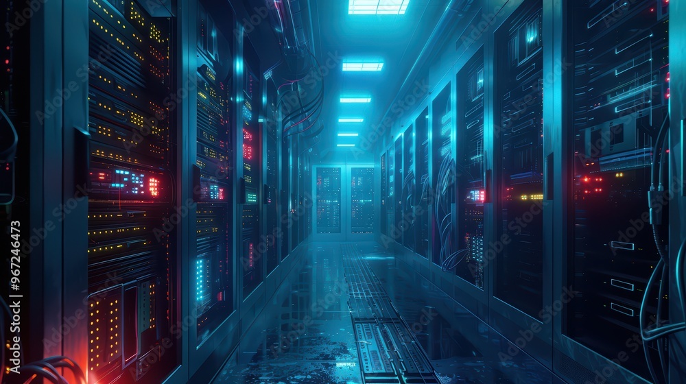 Poster a futuristic data center with glowing servers and a sleek, high-tech layout. perfect for technology 