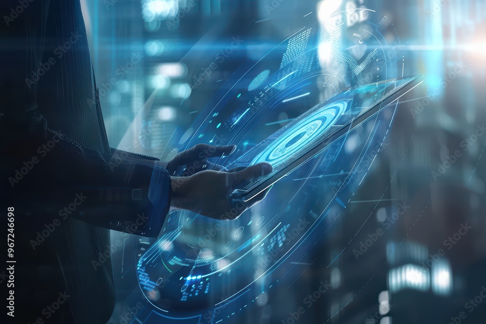 Poster a futuristic scene showcasing a person holding a high-tech device with holographic displays in a dig