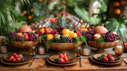 Abundant Autumn Harvest Displayed on Rustic Wooden Table with Variety of Fresh Fruits and Vegetables