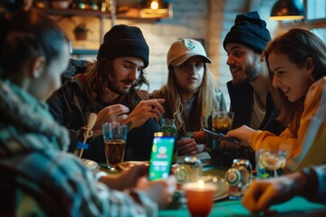 Friends in bar rooting for sports team and making bets on sports online on phone. Young company relaxing and drinking beer. Betting on sports. Online sports betting, bookmaking companies, predictions