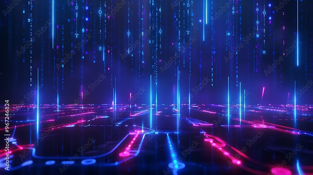 Aufkleber a vibrant digital landscape featuring glowing lines and binary code, representing technology and inn
