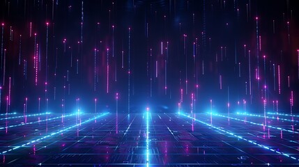 Obraz premium A vibrant digital landscape featuring glowing lines and cascading lights, perfect for technology or futuristic themes. Stage for product presentation.
